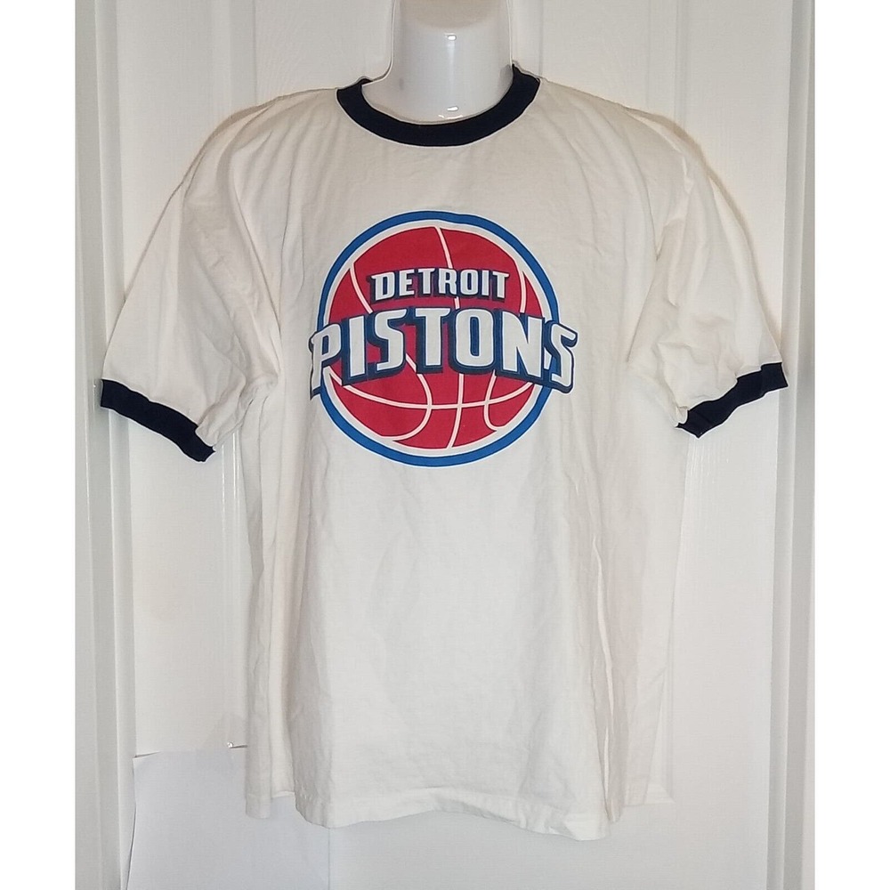 NBA Detroit Piston XL White T-Shirt with Blue Crew Collar & Sleeve